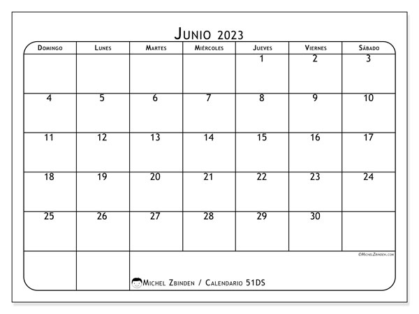 Calendario junio 2023 “51”. Horario para imprimir gratis.. De domingo a sábado