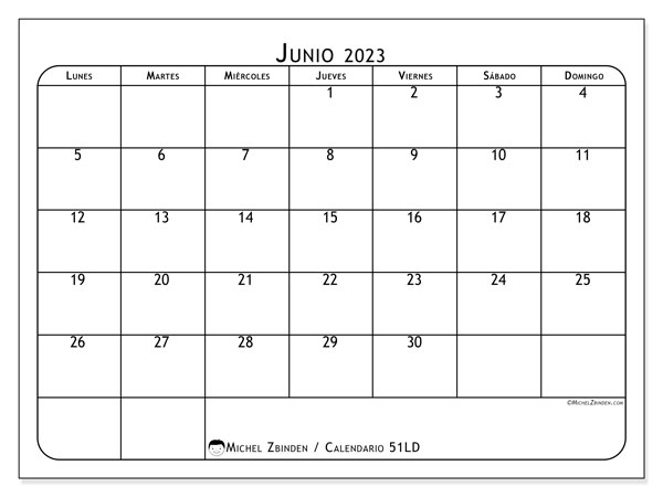 Calendario junio 2023 “51”. Horario para imprimir gratis.. De lunes a domingo