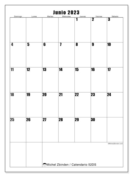 Calendario junio de 2023 para imprimir. Calendario mensual “52DS” y almanaque gratuito para imprimir