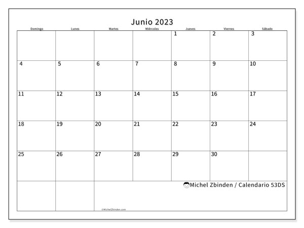 Calendario junio 2023 “53”. Horario para imprimir gratis.. De domingo a sábado