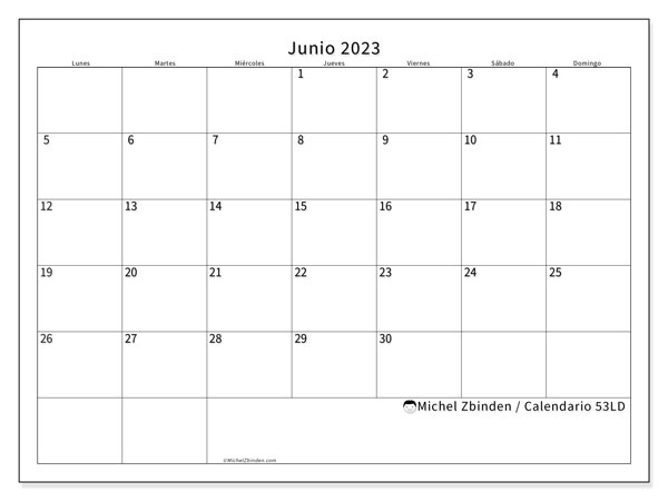 Calendario junio 2023 “53”. Horario para imprimir gratis.. De lunes a domingo