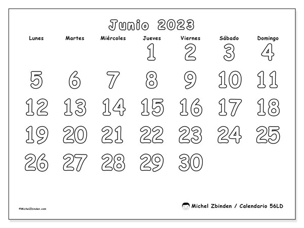 Calendario junio de 2023 para imprimir. Calendario mensual “56LD” y planificación para imprimer gratis