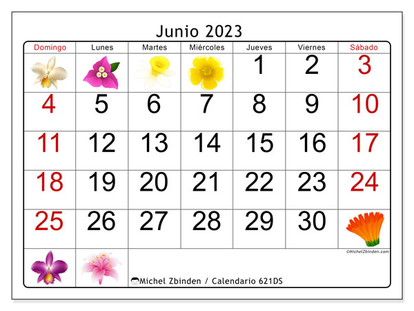 Calendario junio 2023 “621”. Horario para imprimir gratis.. De domingo a sábado