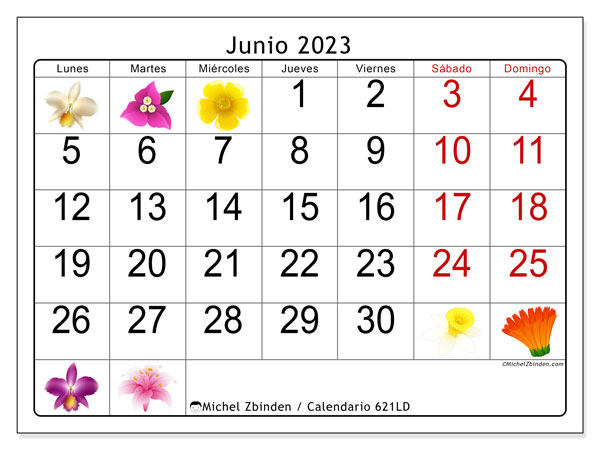 Calendario junio 2023 “621”. Horario para imprimir gratis.. De lunes a domingo