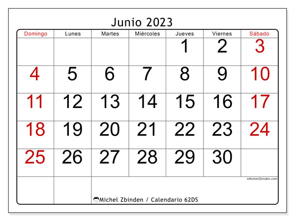 Calendario junio de 2023 para imprimir. Calendario mensual “62DS” y agenda gratuito para imprimir