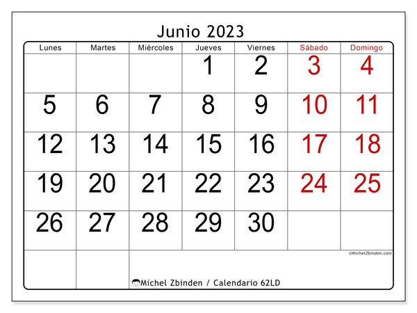 Calendario junio 2023 “62”. Calendario para imprimir gratis.. De lunes a domingo