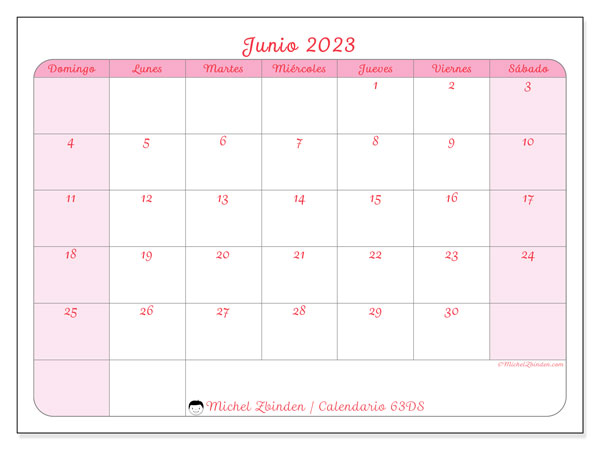 Calendario junio 2023 “63”. Diario para imprimir gratis.. De domingo a sábado