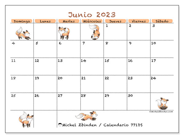 Calendario junio 2023 “771”. Horario para imprimir gratis.. De domingo a sábado