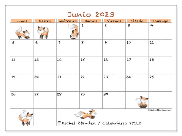 Calendario junio 2023 “771”. Horario para imprimir gratis.. De lunes a domingo