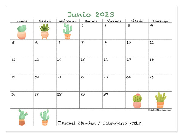 Calendario junio de 2023 para imprimir. Calendario mensual “772LD” y agenda gratuito para imprimir