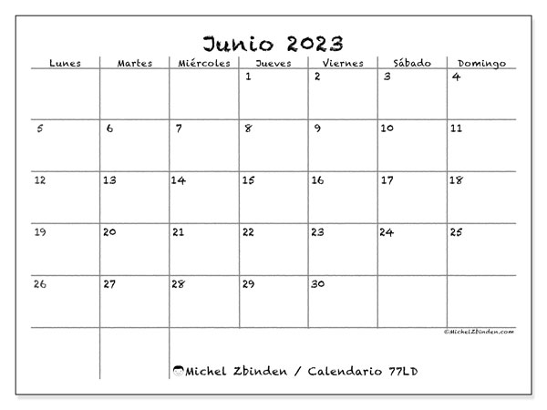 Calendario junio 2023, 77LD. Calendario para imprimir gratis.