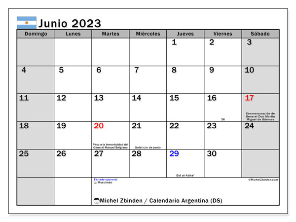 Calendario para imprimir, junio de 2023, Argentina (DS)