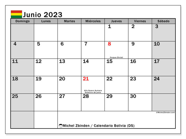 Kalendarz czerwiec 2023, Boliwia (ES). Darmowy plan do druku.