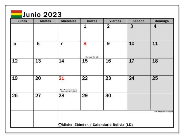 Calendario para imprimir, junio de 2023, Bolivia (LD)