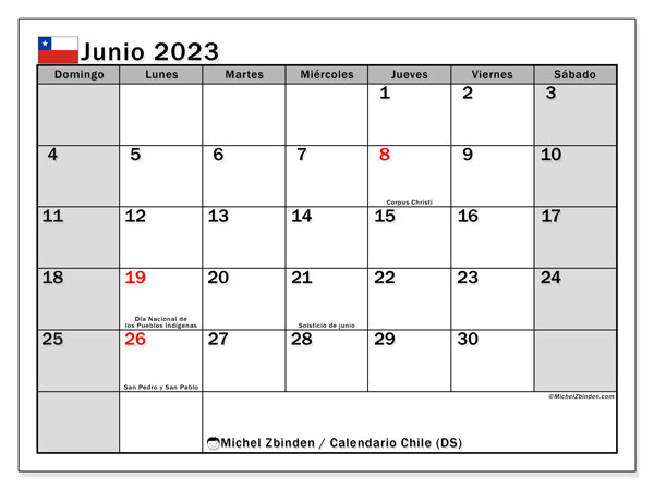 Calendario para imprimir, junio de 2023, Chile (DS)