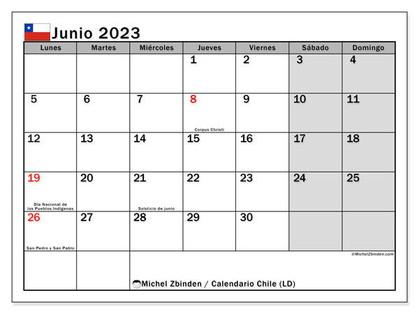 Kalender juni 2023, Chile (ES). Gratis kalender som kan skrivas ut.