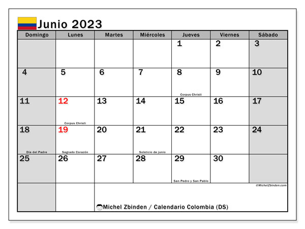 Calendario junio 2023 “Colombia”. Programa para imprimir gratis.. De domingo a sábado