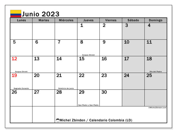 Calendario junio 2023 “Colombia”. Programa para imprimir gratis.. De lunes a domingo