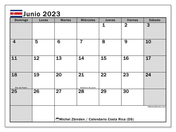 Calendario junio 2023 “Costa Rica”. Horario para imprimir gratis.. De domingo a sábado