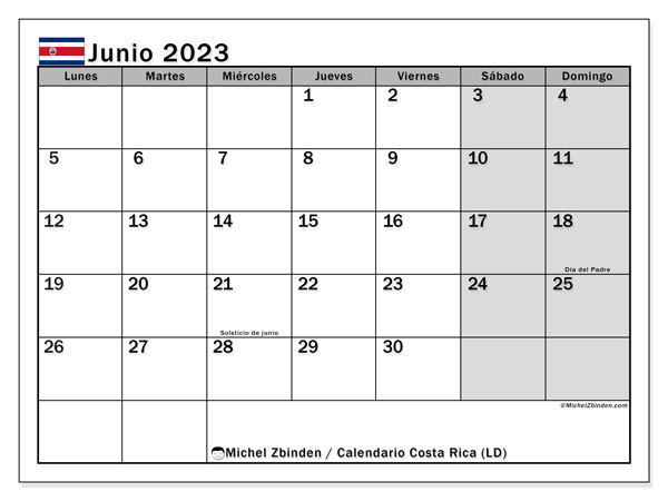 Calendario junio 2023 “Costa Rica”. Horario para imprimir gratis.. De lunes a domingo
