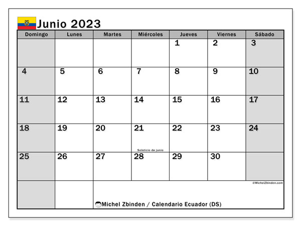 Calendário Junho 2023, Equador (ES). Horário gratuito para impressão.