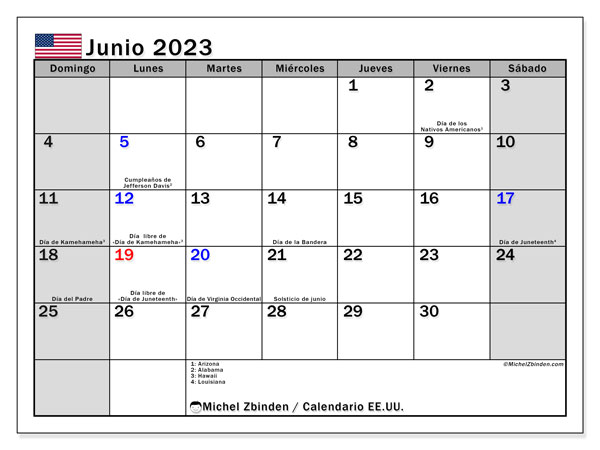 Calendario junio 2023, Estados Unidos (ES). Diario para imprimir gratis.
