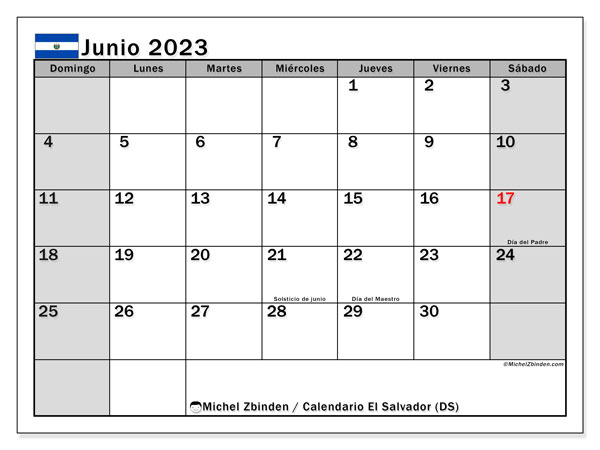 Kalenteri kesäkuu 2023, El Salvador (ES). Ilmainen tulostettava kalenteri.