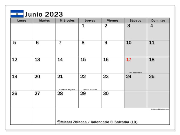 Calendario para imprimir, junio de 2023, El Salvador (LD)
