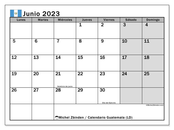 Calendario para imprimir, junio 2023, Guatemala (LD)