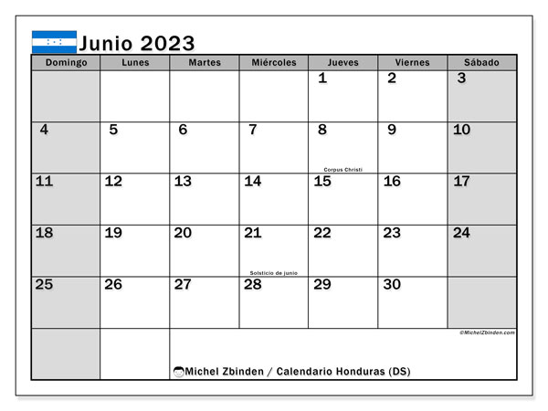 Calendario junio 2023, Honduras. Diario para imprimir gratis.