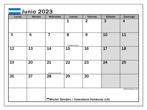 Calendario “Honduras (LD)” para imprimir, con festivos. Calendario mensual junio de 2023 y agenda para imprimer gratis.