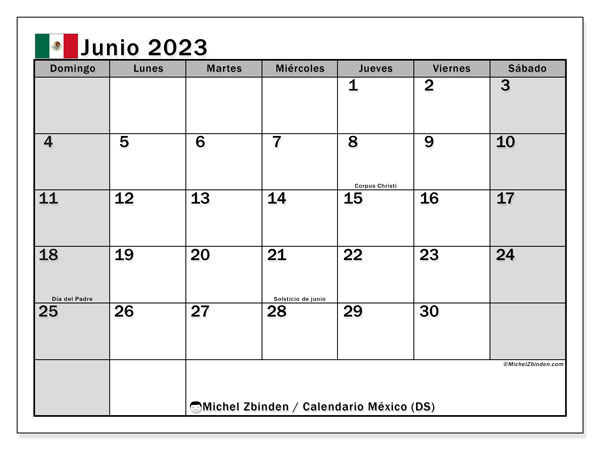 Calendario para imprimir, junio de 2023, México (DS)