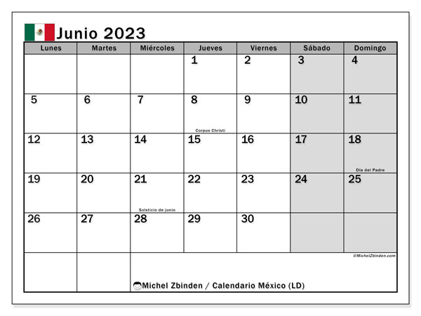 Calendário Junho 2023, México (ES). Horário gratuito para impressão.