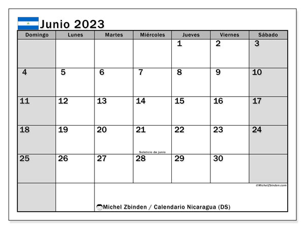 Calendario junio 2023, Nicaragua. Diario para imprimir gratis.