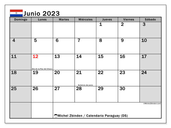 Kalenteri kesäkuu 2023, Paraguay (ES). Ilmainen tulostettava kalenteri.