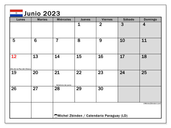 Calendario para imprimir, junio de 2023, Paraguay (LD)