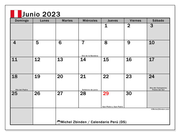 Calendario junio 2023, Perú (ES). Diario para imprimir gratis.