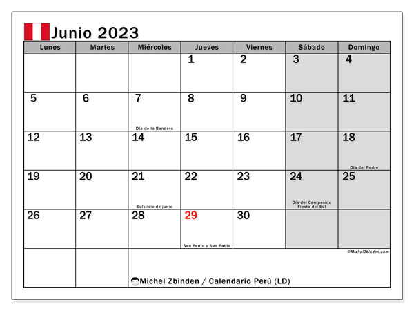 Calendario para imprimir, junio de 2023, Perú (LD)