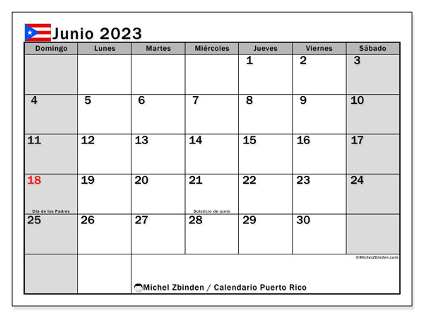 Kalender juni 2023, Puerto Rico (ES). Gratis kalender som kan skrivas ut.