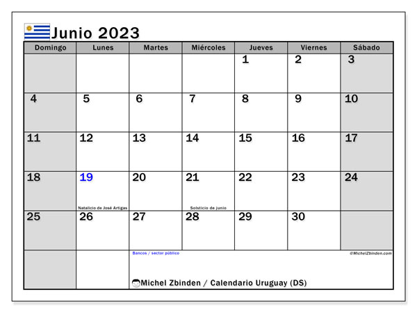 Calendario junio 2023, Uruguay (ES). Diario para imprimir gratis.