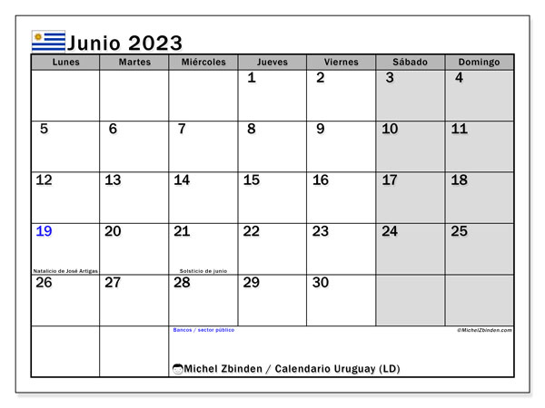 Calendario para imprimir, junio de 2023, Uruguay (LD)