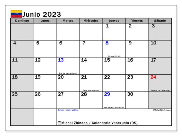 Kalenteri kesäkuu 2023, Venezuela (ES). Ilmainen tulostettava kalenteri.