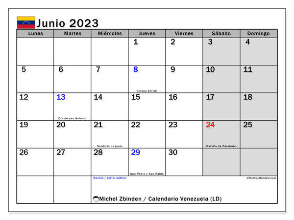 Calendario para imprimir, junio de 2023, Venezuela (LD)