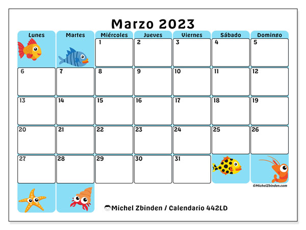 Calendario marzo de 2023 para imprimir. Calendario mensual “442LD” y agenda para imprimer gratis