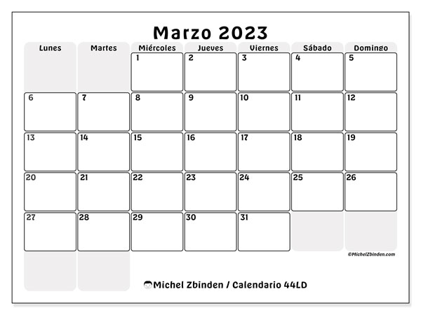 Calendario marzo de 2023 para imprimir. Calendario mensual “44LD” y agenda imprimibile