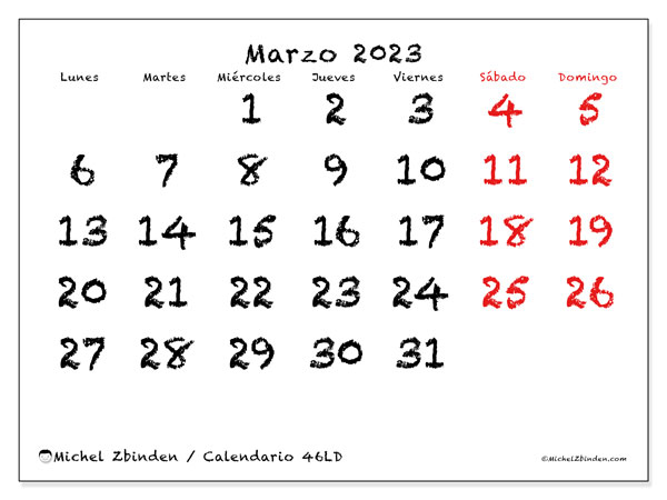 Calendario marzo de 2023 para imprimir. Calendario mensual “46LD” y planificación gratuito para imprimir