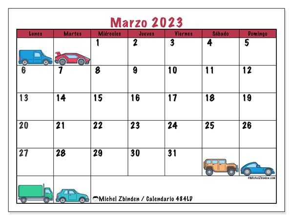 Calendario marzo 2023 “484”. Calendario para imprimir gratis.. De lunes a domingo