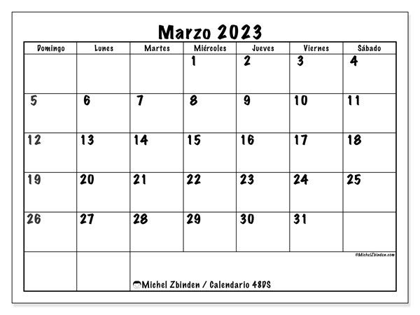 48DS, calendario de marzo de 2023, para su impresión, de forma gratuita.