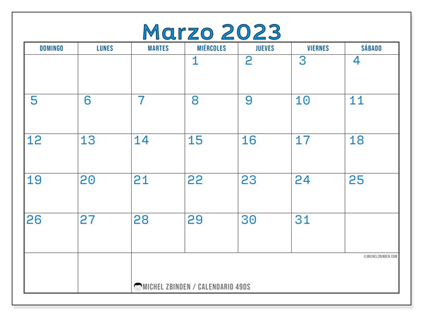 Calendario para imprimir, marzo 2023, 49DS