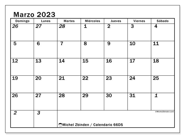 Calendario para imprimir, marzo 2023, 501DS